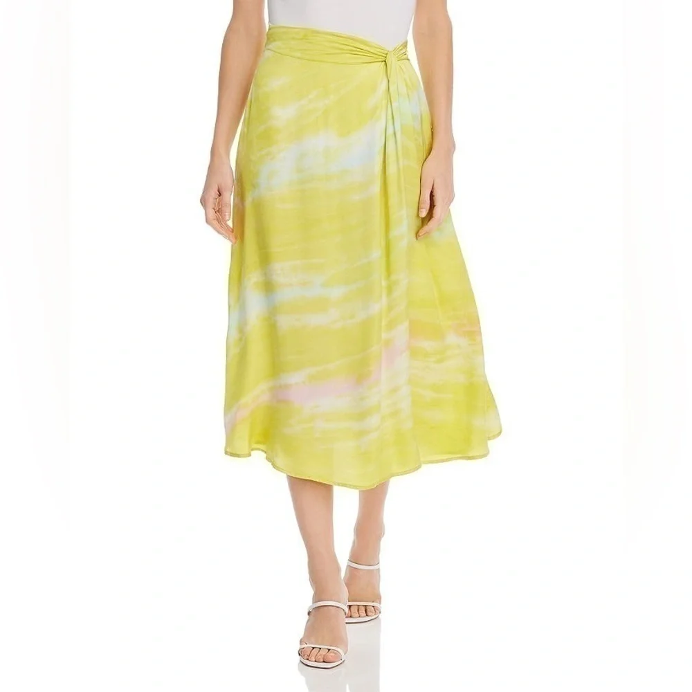 Young Fabulous & Broke Savanna Tie Dye Printed Satin Twist Midi Skirt Lime Small